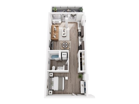 Floor plan for 1 bed, 1 bath, 733 sqft